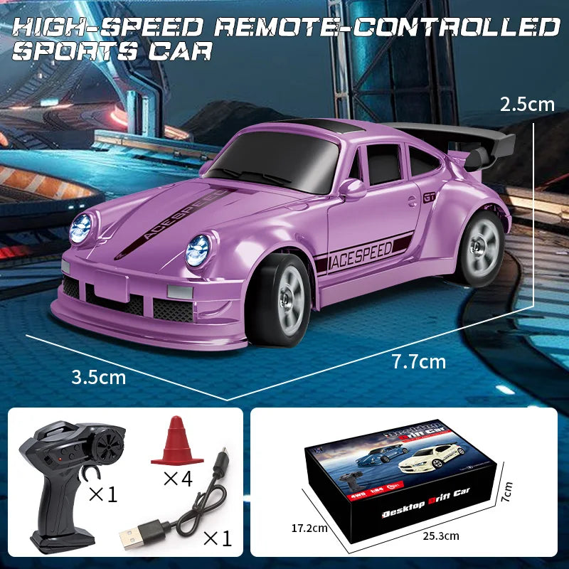 Coche RC 1/64, 2.4G 4WD, coche de carreras a escala mini de alta velocidad para escritorio, tracción en las cuatro ruedas, modelo de carreras GTR a control remoto, juguete para niños