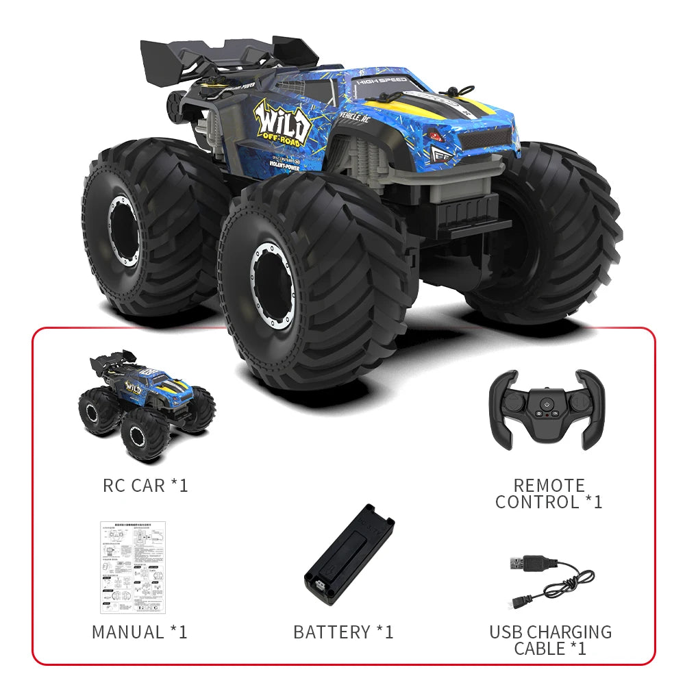 Kit de coche RC anfibio azul con llantas grandes: coche, control remoto y accesorios