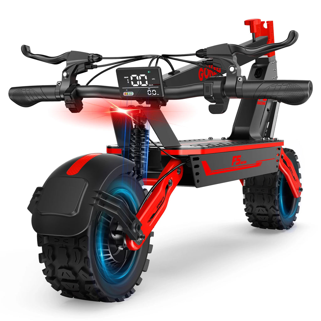 Patinete eléctrico con chasis rojo y negro, manillar y ruedas todoterreno