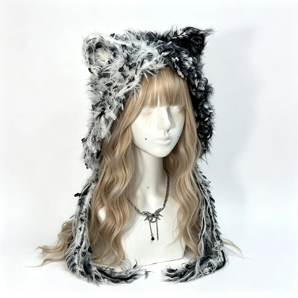 Gorro de invierno cálido, tejido a mano, personalizado, de ganchillo, negro y gris, con orejas de gato, peludo, estilo gótico, kawaii, lolita, cosplay, para hombre y mujer.