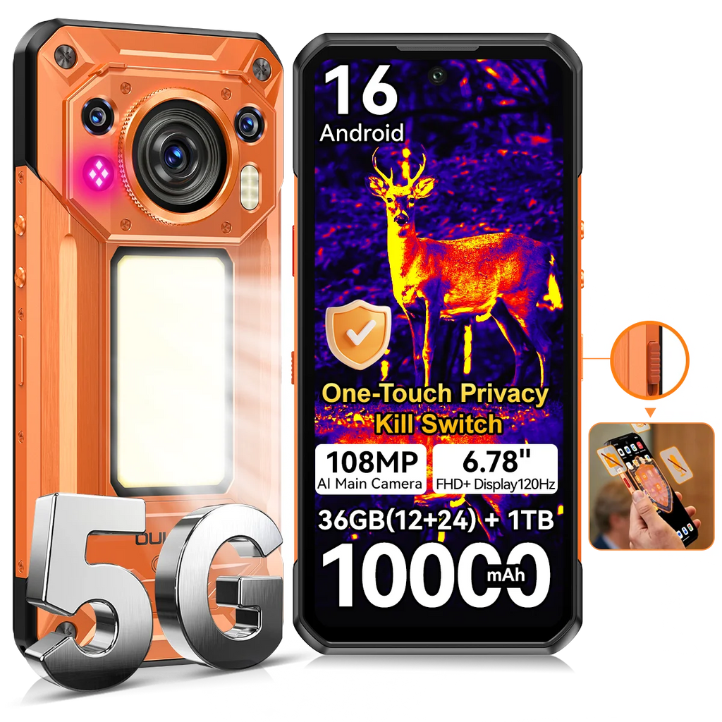 OUKITEL WP500 Ultra, el primer teléfono resistente con tecnología de IA térmica del mundo, con interruptor de privacidad, pantalla FHD+ de 6.78'', MTK Dimensity 8300, 36GB(12+24) de RAM + 1TB, 10000mAh, 45W, 108MP, luz de