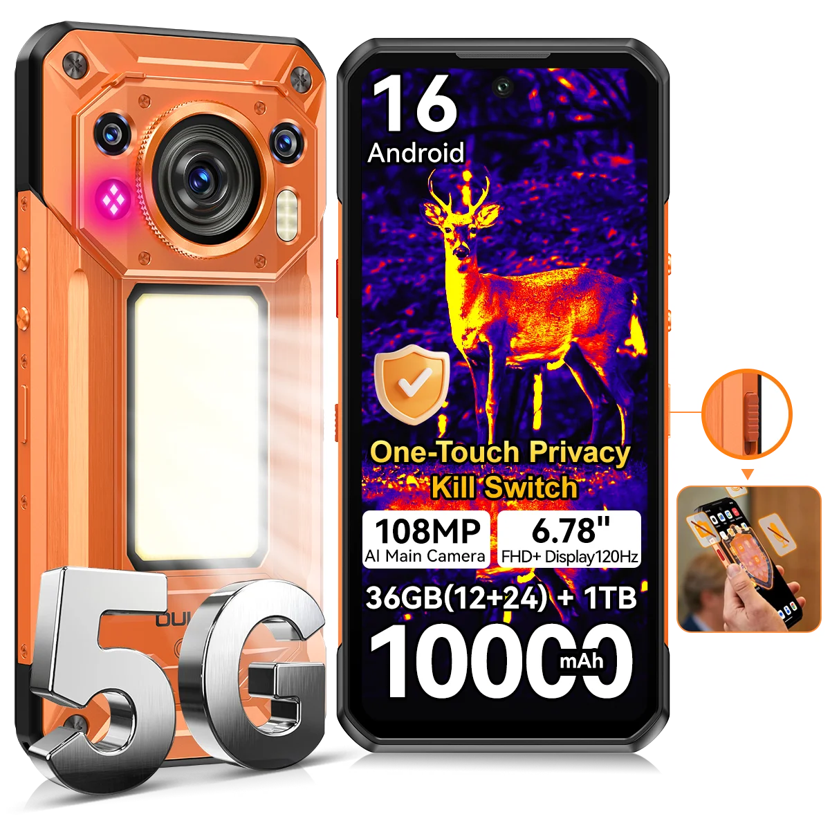 OUKITEL WP500 Ultra, el primer teléfono resistente con tecnología de IA térmica del mundo, con interruptor de privacidad, pantalla FHD+ de 6.78'', MTK Dimensity 8300, 36GB(12+24) de RAM + 1TB, 10000mAh, 45W, 108MP, luz de