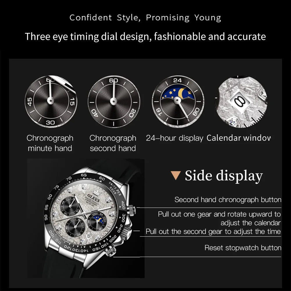 Reloj de cuarzo de lujo para hombre OLEVS 2875, cronógrafo multifunción, fase lunar, fecha, esfera con diamantes, reloj de cuarzo resistente al agua para hombre, tendencia