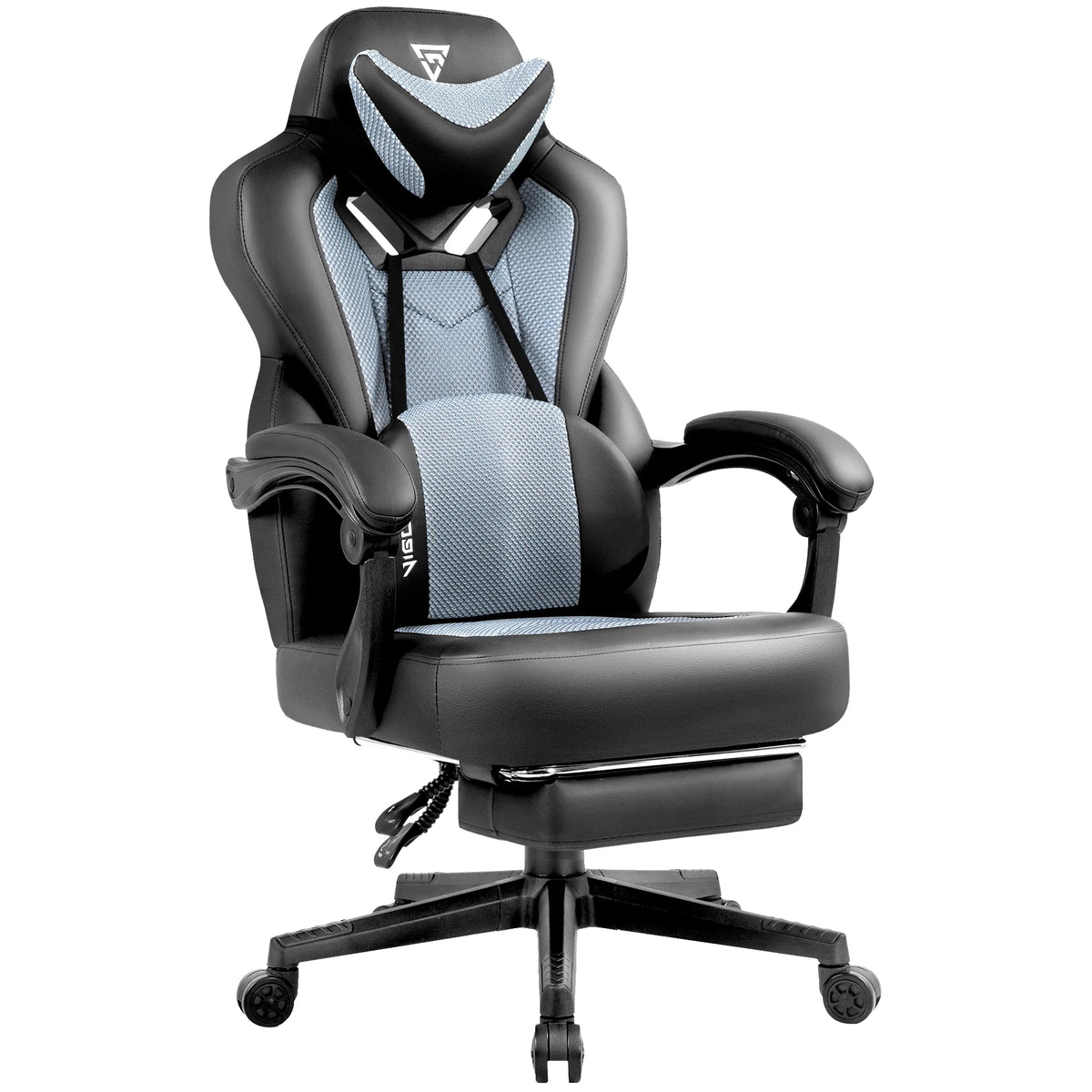 Silla de gaming negra con detalles de malla gris, reposacabezas y reposapiés retráctil