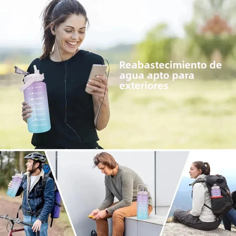 Botella de agua de 2L con pajita, botella de agua deportiva de gran capacidad, botella portátil para viajes, fitness y deportes con marcador de tiempo.