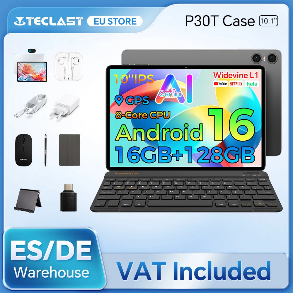 Teclast P30T Set, Tablet de 10.1 Pulgadas, Android 16 Gemini AI, CPU Unisoc de 8 Núcleos, 16 GB (3 GB + 13 GB de Expansión) de RAM, 128 GB de ROM, 6000 mAh, Teclado/Funda/Ratón/Lápiz Óptico/Auriculares/Soporte