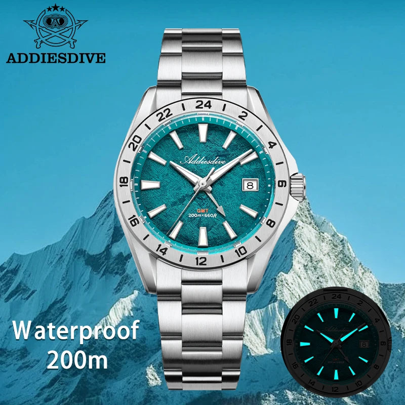 Reloj de cuarzo para hombre ADDIESDIVE GMT con cristal de zafiro, mecanismo suizo Ronda 515-24H, doble uso horario, luminiscencia BGW9 Super y resistencia al agua de 20 bares.