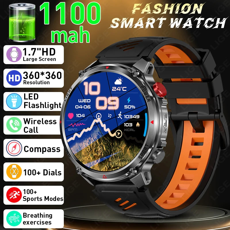 LIGE New Men Military Smart Watch Outdoor Compass 1100mAh Battery Flashlight 1.7"Display BT Call Waterproof Sports Smartwatches
