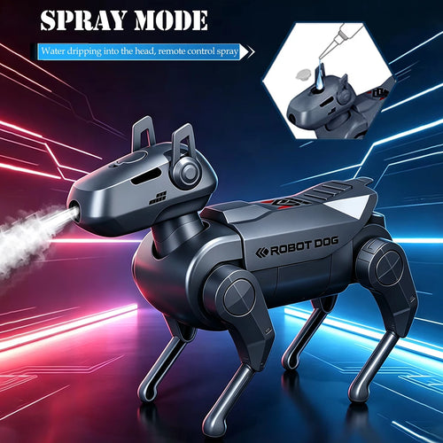 Perro robot RC gris oscuro en modo pulverización, con boquilla y mando a distancia