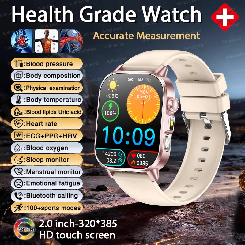 Reloj inteligente de enfermería de alta gama 2026 para hombre, ECG+PPG, presión arterial precisa, lípidos, ácido úrico, pantalla AMOLED de 2.0 pulgadas, reloj de llamadas HD para hombre
