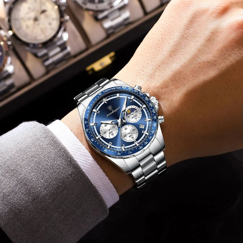 POEDAGAR Fashion Sports Man Wristwatch Waterproof Stainless Steel Luminous Men Watch Chronograph Date Quartz Men's Watches Reloj