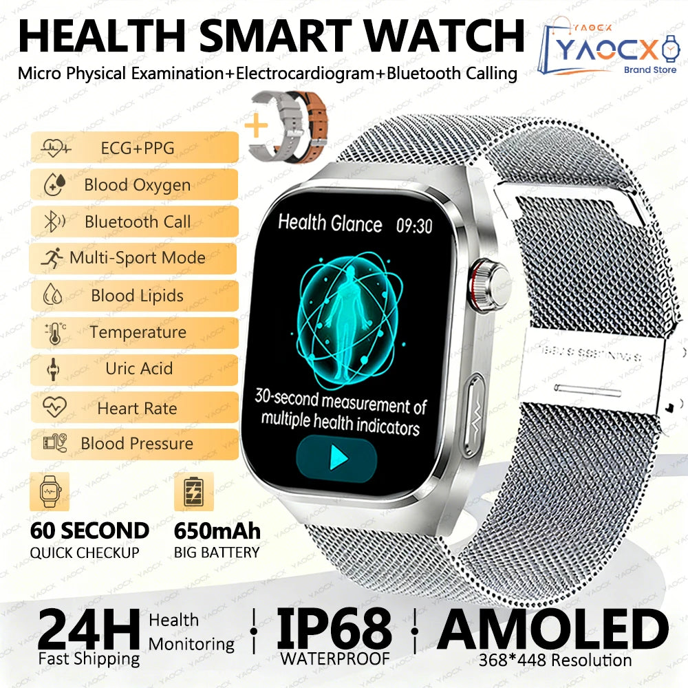 Reloj inteligente para hombre 2026, nuevo modelo con medición de ácido úrico y lípidos en sangre, ECG+PPG, presión arterial, frecuencia cardíaca, llamadas Bluetooth, reloj inteligente de salud
