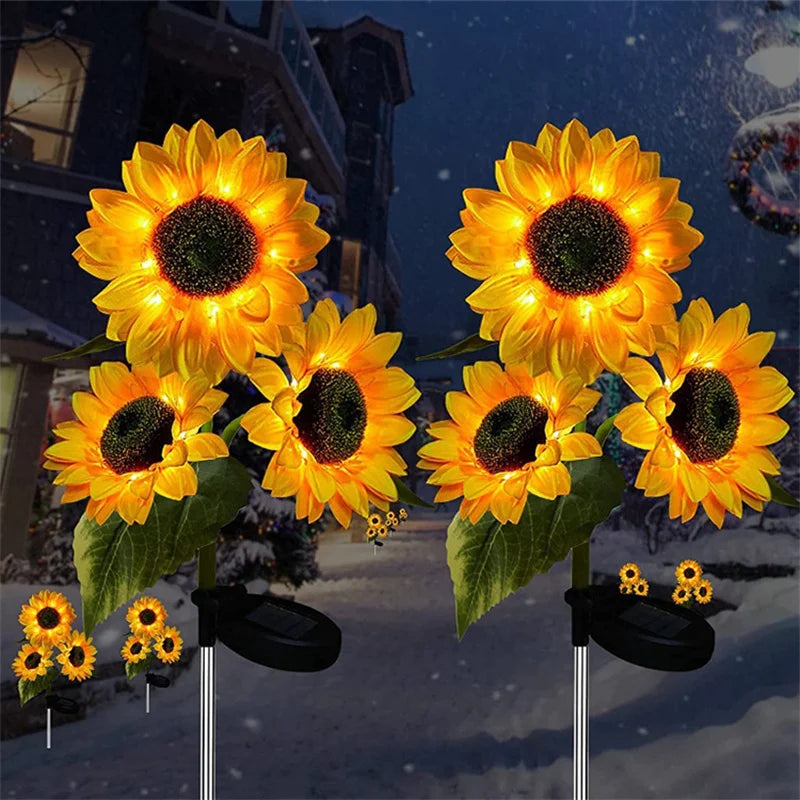 Luces LED de simulación solar de girasol de 3 cabezas y 1 cabeza para jardín, patio, césped, luces nocturnas, lámpara de paisaje, decoración, luz de flor navideña