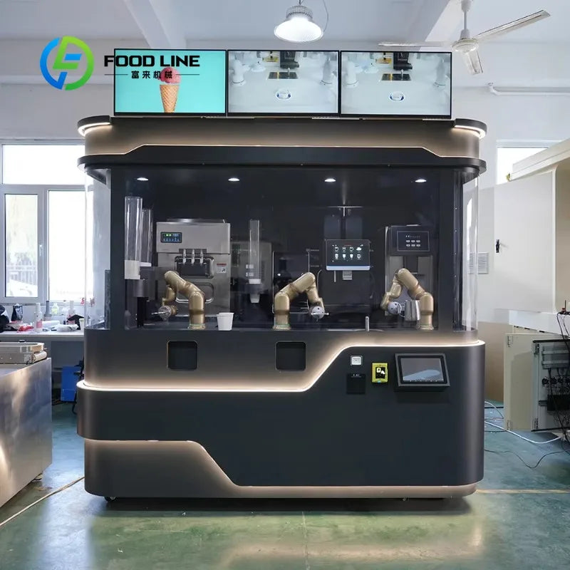 Máquina de café robótica industrial con brazos metálicos y pantalla frontal