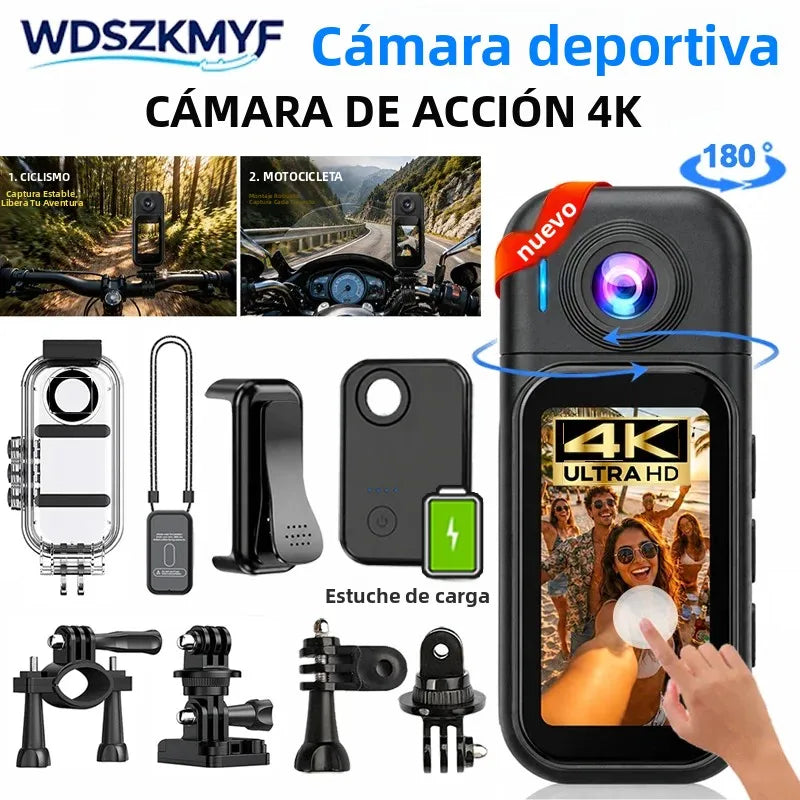 Mini Cámara Deportiva 4K, Cámara HD 1080P/30FPS, Control Remoto WiFi, Resistente al Agua, Cámara para Casco Vlog DV con Estuche de Carga