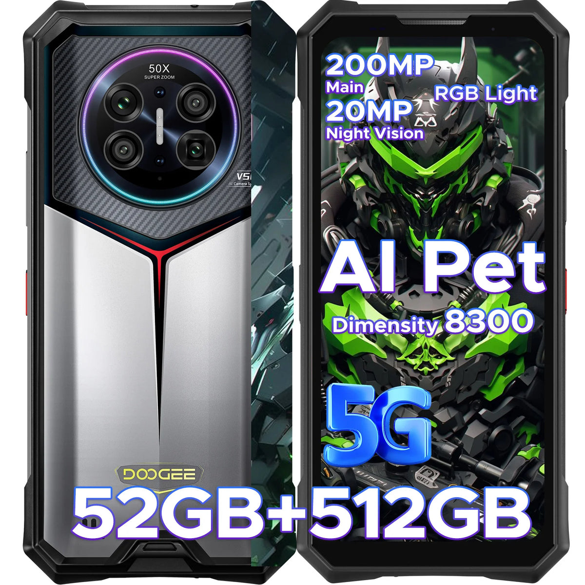 Teléfono resistente DOOGEE V50 AI 5G 52 GB de RAM (16+36) 512 GB de ROM, Dimensity 8300, cámara de 200 MP, cámara de visión nocturna de 20 MP, Android 16, compatible con Walkie Talkie y luz ambiental RGB