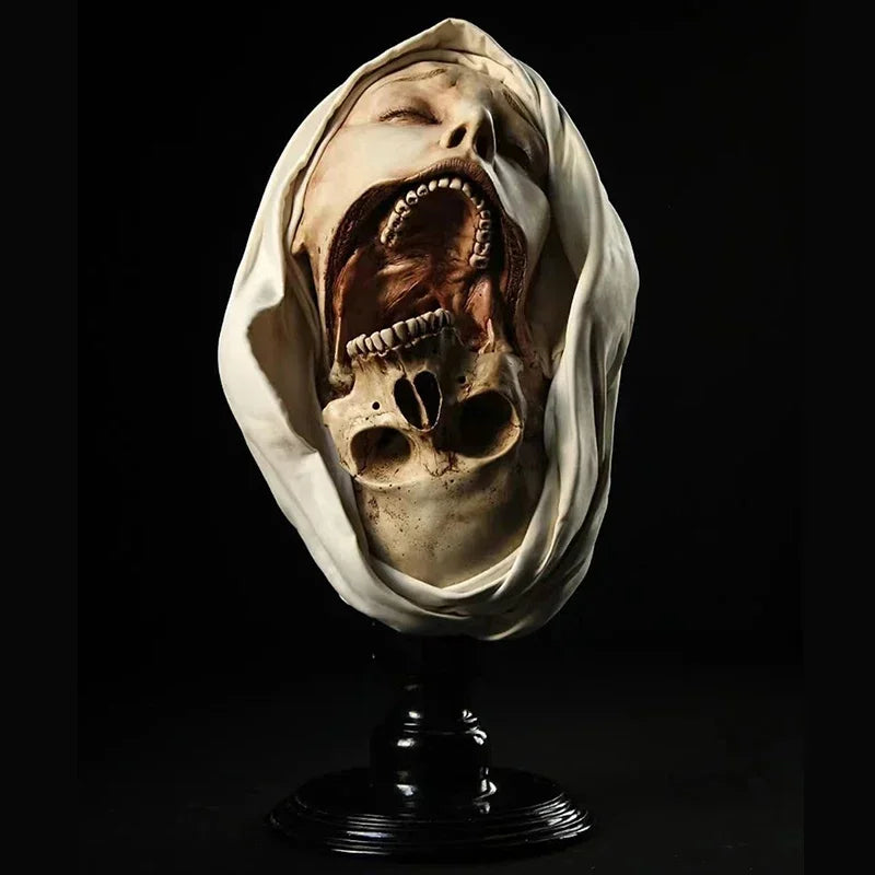 Estatua de resina de monja espeluznante, escultura de transfiguración de calavera para Halloween, decoración del hogar, figura de terror artística única, adorno de escritorio