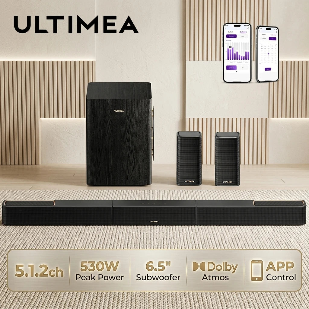 Barra de Sonido ULTIMEA Skywave Series 530W 5.1.2 Canales con Dolby Atmos, Sistema de Sonido Envolvente de Cine en Casa con Subwoofer Inalámbrico de 6.5 Pulgadas