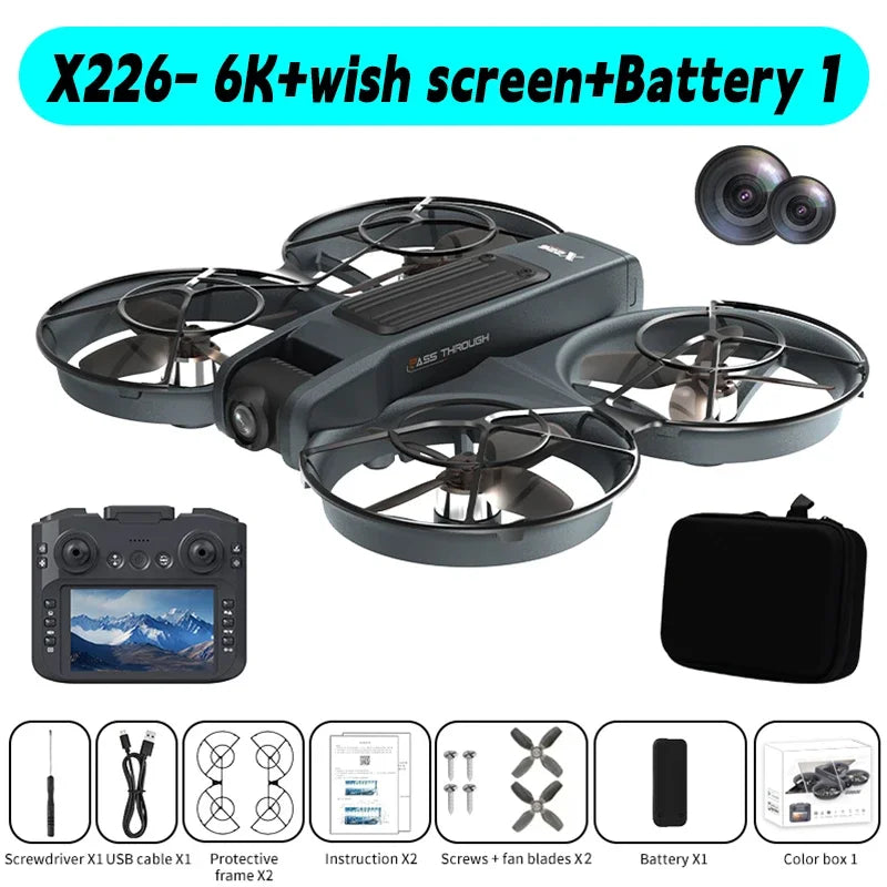 Mini dron con pantalla VR, dos cámaras arriba y control remoto con pantalla; funda de batería negra