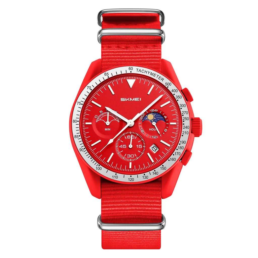 SKMEI Unisex Round Quartz Watch Nylon Strap Moon Phase Chronograph Tachymeter Date Lightweight Wristwatch for Men Women 9392
