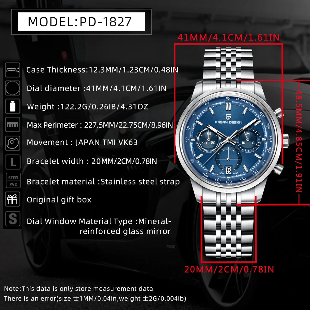 PAGANI DESIGN - Reloj de cuarzo para hombre, estilo ejecutivo, cronógrafo de carreras, acero inoxidable, sumergible 100M, con calendario automático