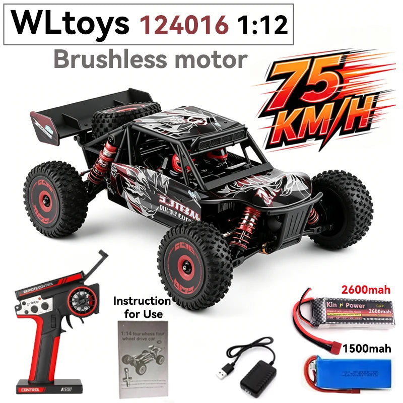 Coche RC de alta velocidad WLtoys 1/12 124017 - Vehículo eléctrico de drift 4WD sin escobillas de 75 km/h con control remoto 2.4G para carreras