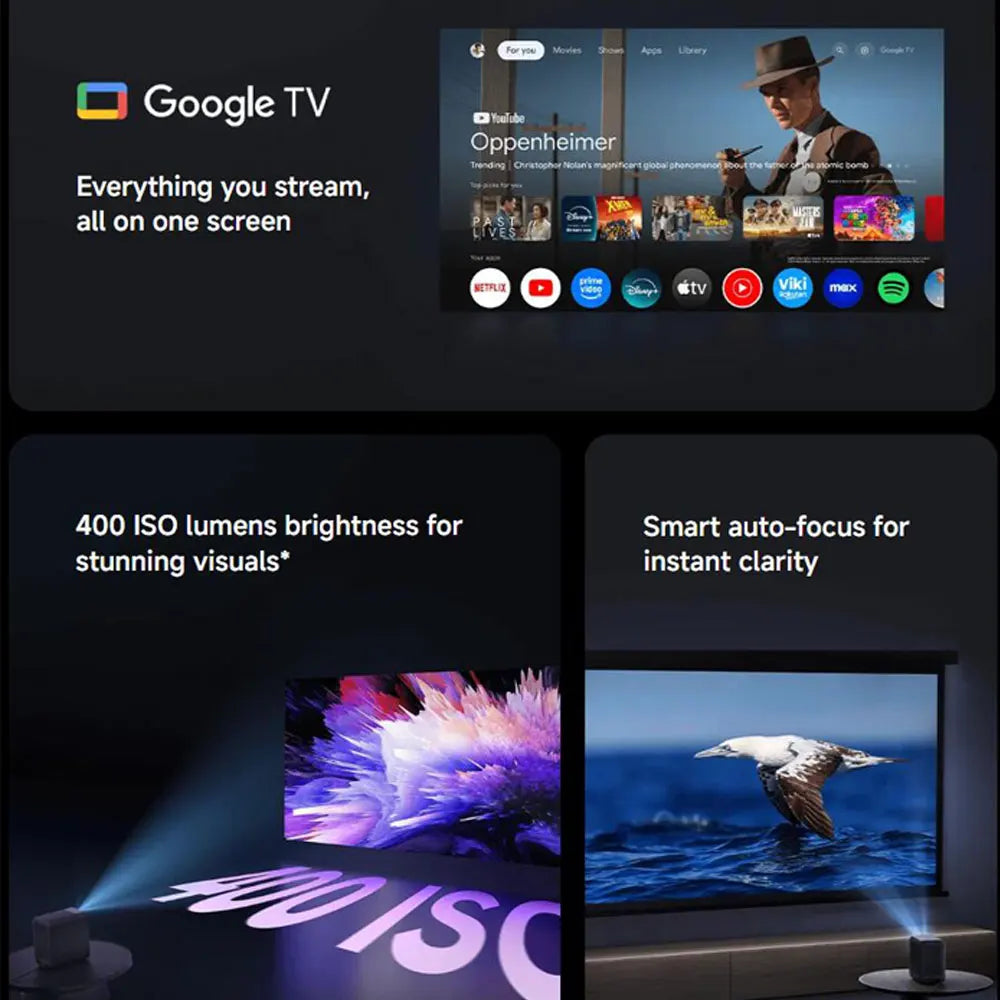 Proyector inteligente Xiaomi L1 Pro, Google TV 400 lúmenes ISO, resolución física 1080p, enfoque automático y corrección automática de la clave, Audio Dolby