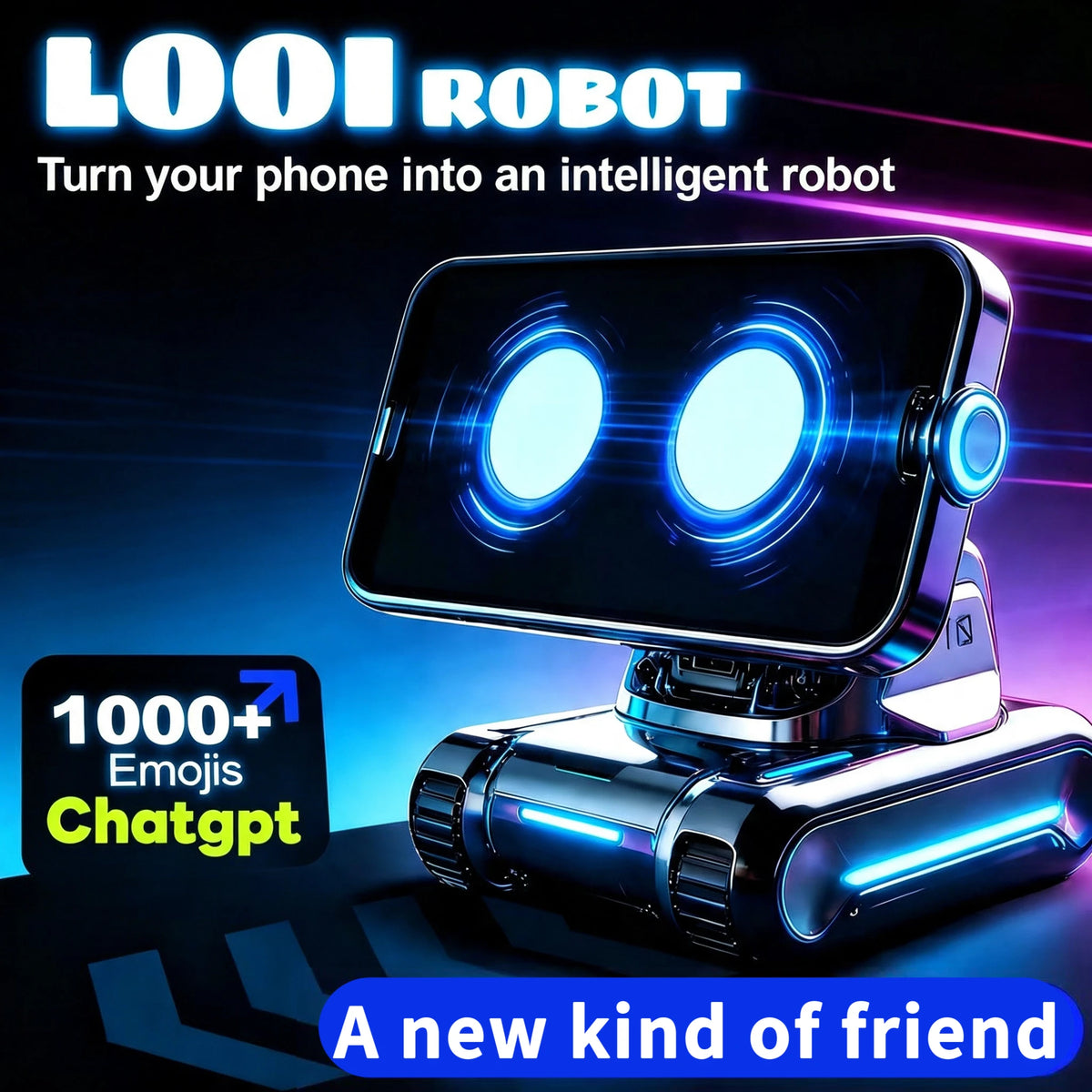 Robot inteligente Looi con pantalla frontal y ojos azules luminosos