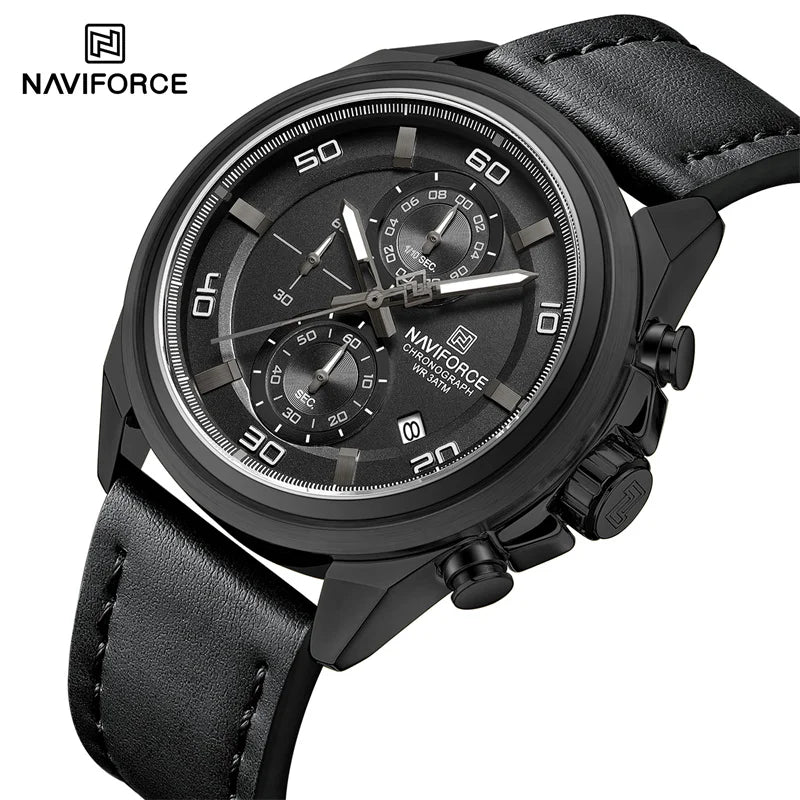 Reloj cronógrafo deportivo de lujo NAVIFORCE para hombre, resistente al agua 3ATM, militar, con manecillas luminosas, indicador de fecha y correa de cuero