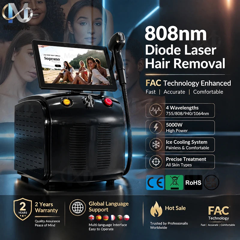 Máquina de Depilación Láser de Diodo de Titanio de 5000W, 4 Longitudes de Onda 755 808 940 1064nm, Dispositivo de Belleza Profesional Soprano