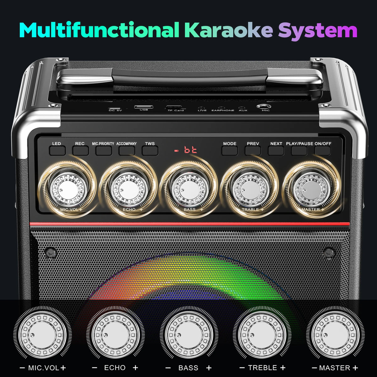 Máquina de Karaoke TX05 con 2 micrófonos inalámbricos, altavoz portátil con sistema de Karaoke con luz RGB para soporte de caja de fiesta en casa, TWS
