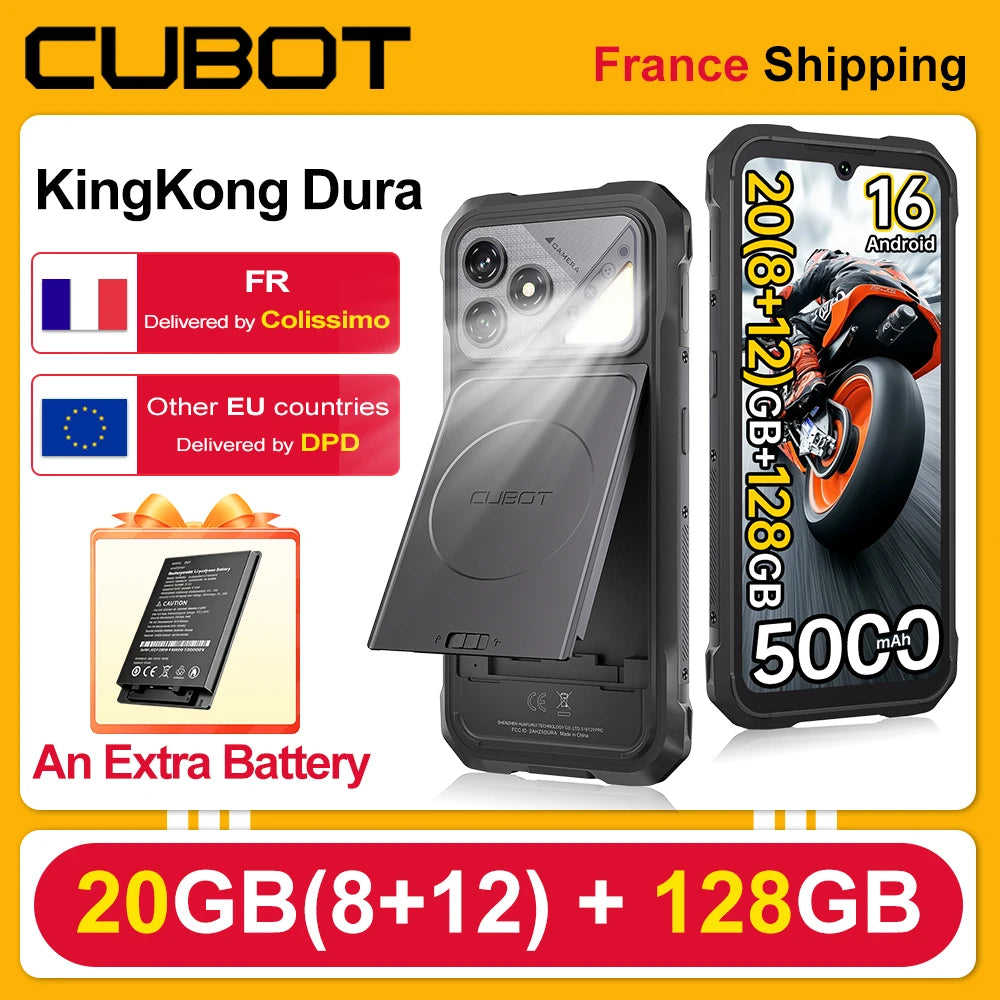 [Shipping From France] Cubot KingKong Dura Rugged Smartphone, 5000mAh Removable Battery * 2, Android 16, 20 (8+12)GB RAM+ 128GB ROM/32(12+20)GB RAM +256GB ROM, 6.88-Inch 120Hz Screen, NFC, Face ID +Fingerprint Unlock
