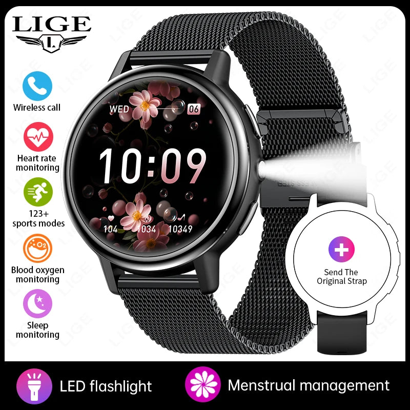 Reloj inteligente para hombre LIGE 2026, pantalla HD de 1.26", recordatorio de llamadas, monitor de salud fisiológica, linterna LED, regalo para mujer, reloj inteligente femenino