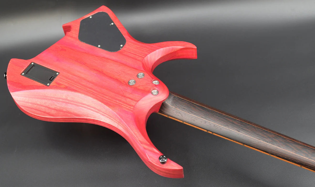 Guitarra eléctrica sin cabeza NK 2026, 6 cuerdas, trastes en abanico, color rosa, madera de álamo con vetas, 3 piezas, mástil de madera de wengué