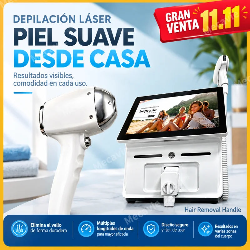 Máquina de depilación láser de diodo Mecavie 6 longitudes de onda 6000W 10 barras tecnología FAC refrigeración TEC puntas intercambiables pantalla táctil múltiples idiomas monitoreo en tiempo real certificada CE RoHS U