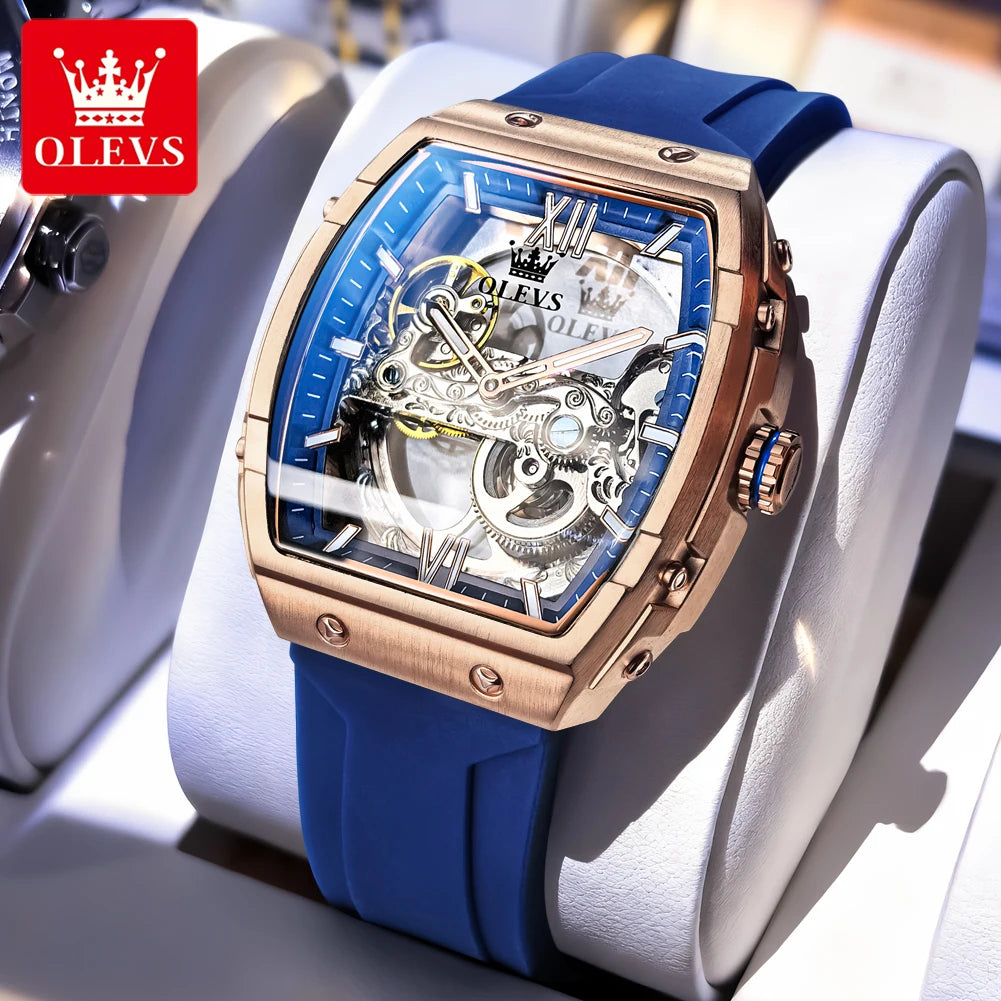 Reloj automático para hombre OLEVS 6779, esfera grande de 50 mm, diseño esqueleto, resistente al agua, correa de silicona, reloj mecánico para hombre