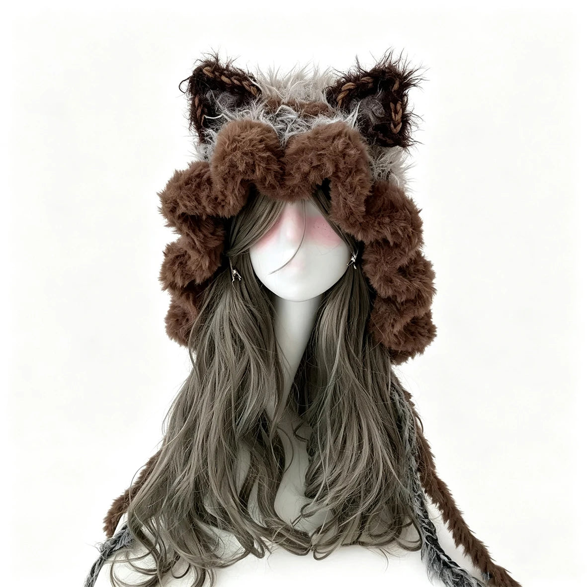 Gorro de ganchillo hecho a mano, personalizado, marrón y gris, con orejas de gato, suave y esponjoso, de punto, para mujer y hombre, cálido para invierno, informal, para cosplay, estilo Goblincore, regalo.