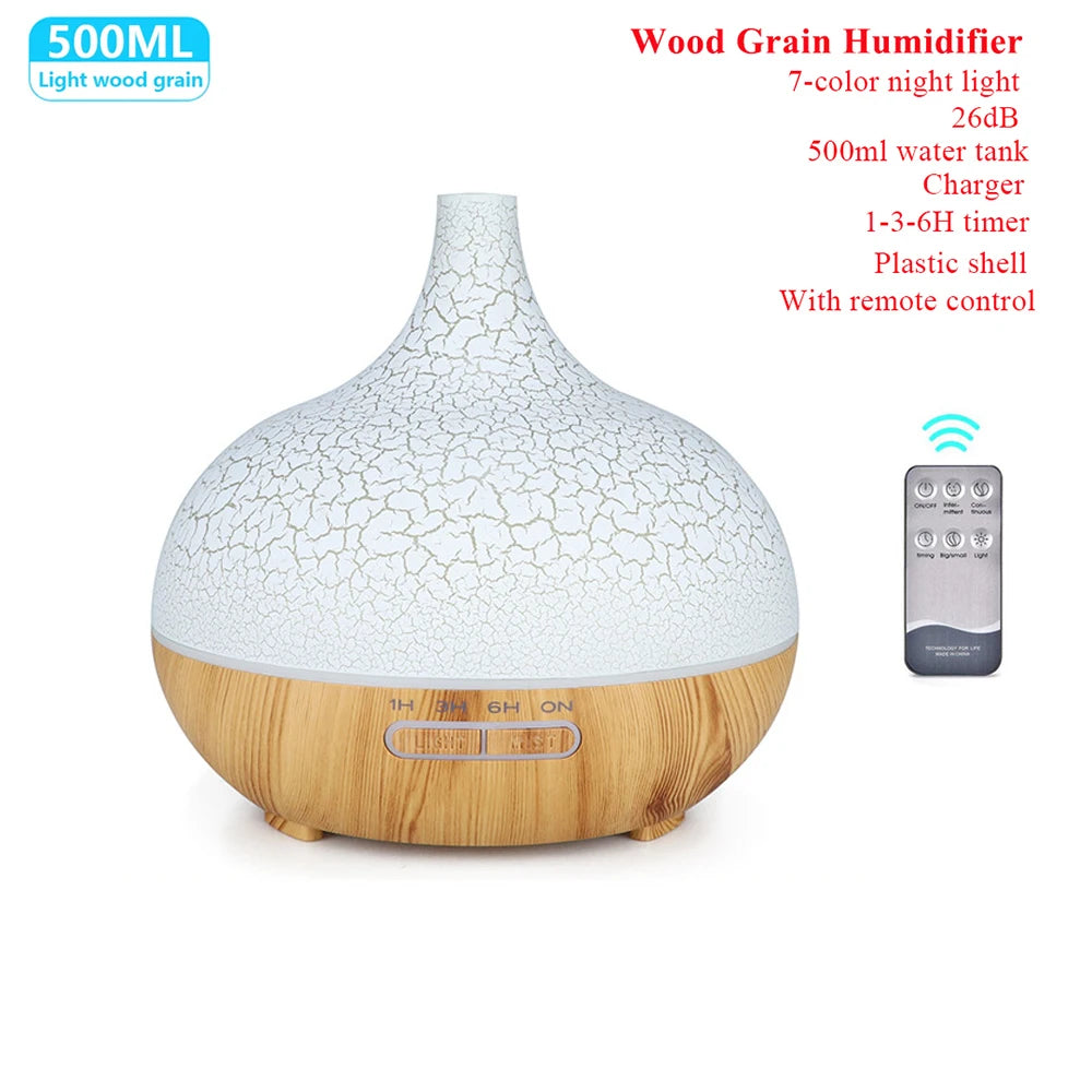 Humidificador de aceite esencial con Control remoto, difusor de Aroma ultrasónico con LED de 7 colores, 300ml, 500ml, para el hogar