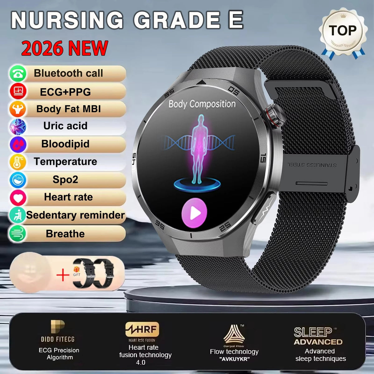 Reloj inteligente 2026 de nueva generación para enfermería, ECG+PPG, análisis de salud, presión arterial, lípidos, ácido úrico, llamada inalámbrica HD, reloj inteligente para hombres y mujeres