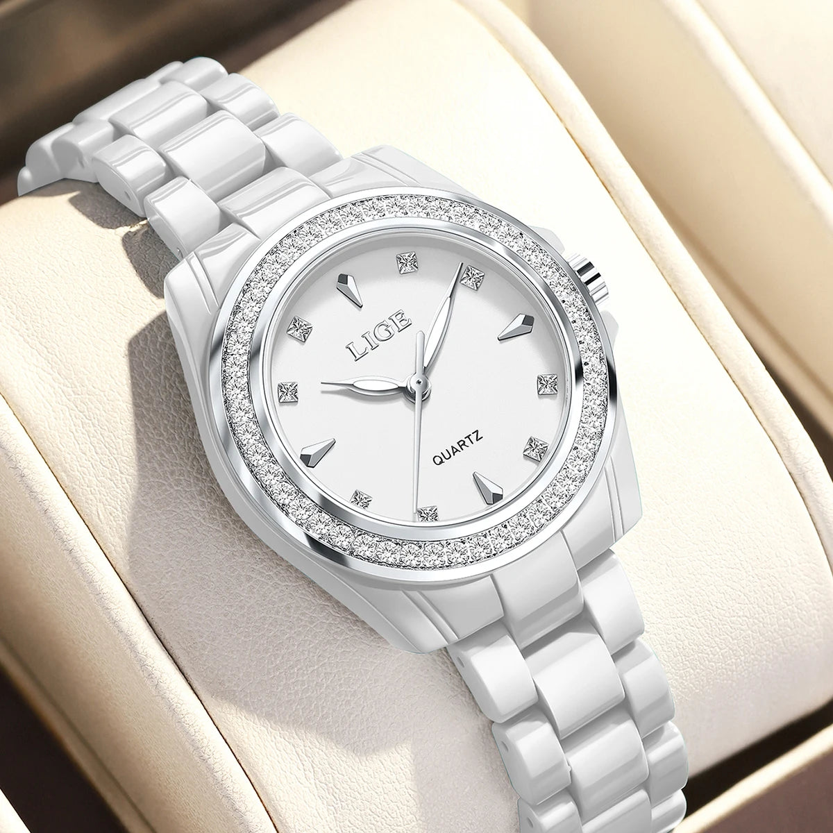 Reloj de cuarzo LIGE TOP para mujer, 2026, elegante, de cerámica, a la moda, resistente al agua, luminoso, estilo vintage, reloj para mujer + CAJA