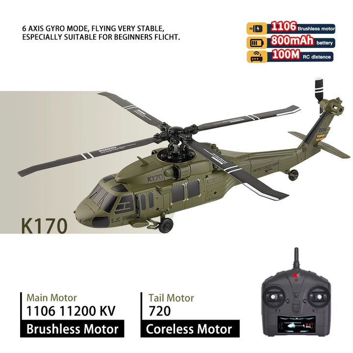 Helicóptero RC WLtoys K170 con Giroscopio UH-60L, Control Remoto de 4 Canales, Helicópteros sin Escobillas con Luz LED, Juguete de Avión para Niños