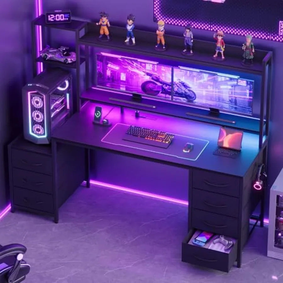 Escritorio negro con 7 cajones, soporte para monitor y luces LED RGB