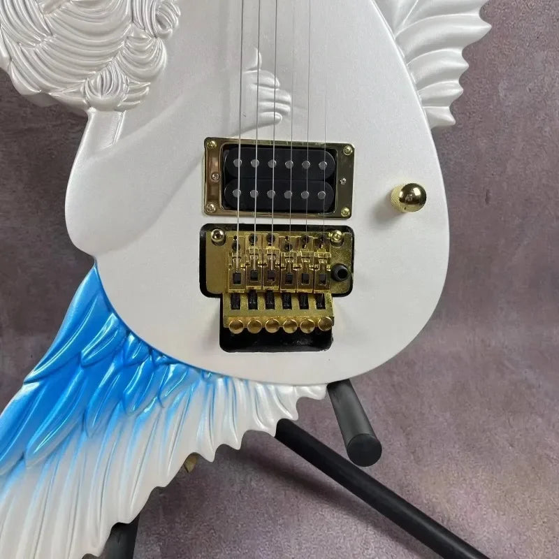 Guitarra Eléctrica SP, Guitarra Personalizada Blanca con Diseño de Ángel Tallado a Mano