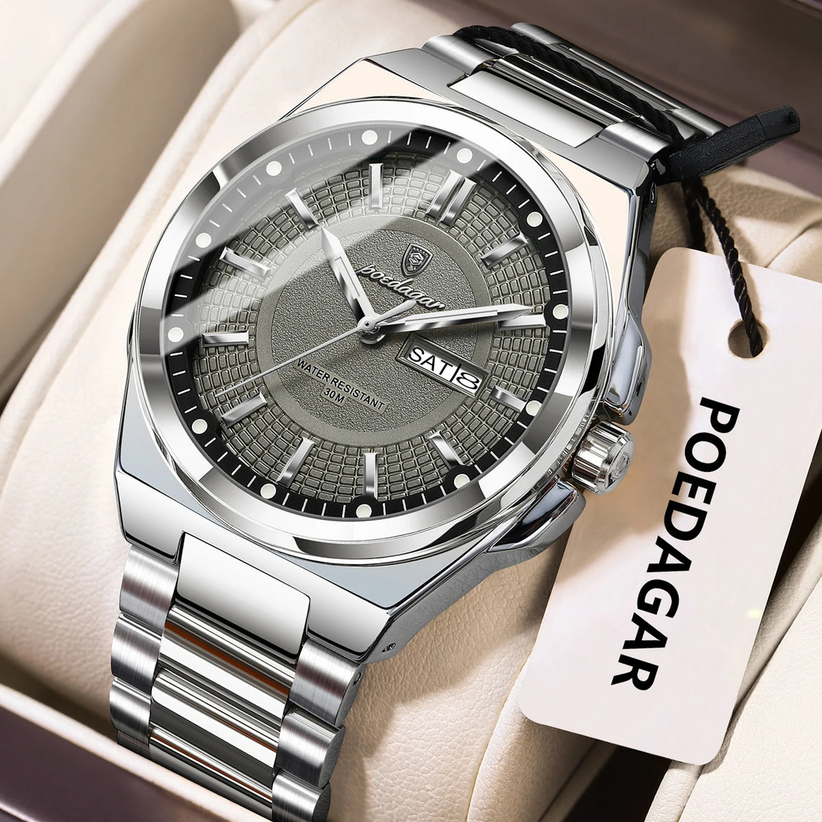Reloj de pulsera deportivo original POEDAGAR para hombre, de cuarzo, fecha, semana, de lujo, resistente al agua, luminoso, de acero inoxidable