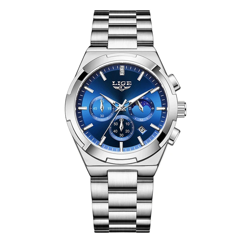 LIGE Waterproof Watch For Women Luminous Stainless Steel 24 Hour Moon Phase Ladies Quartz Watches Casual Sport Date Chronograph