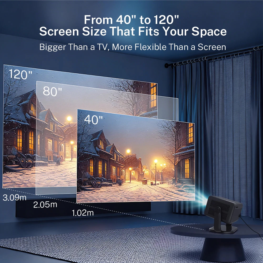 Proyector portátil gris oscuro con soporte ajustable y pantalla proyectada de gran tamaño