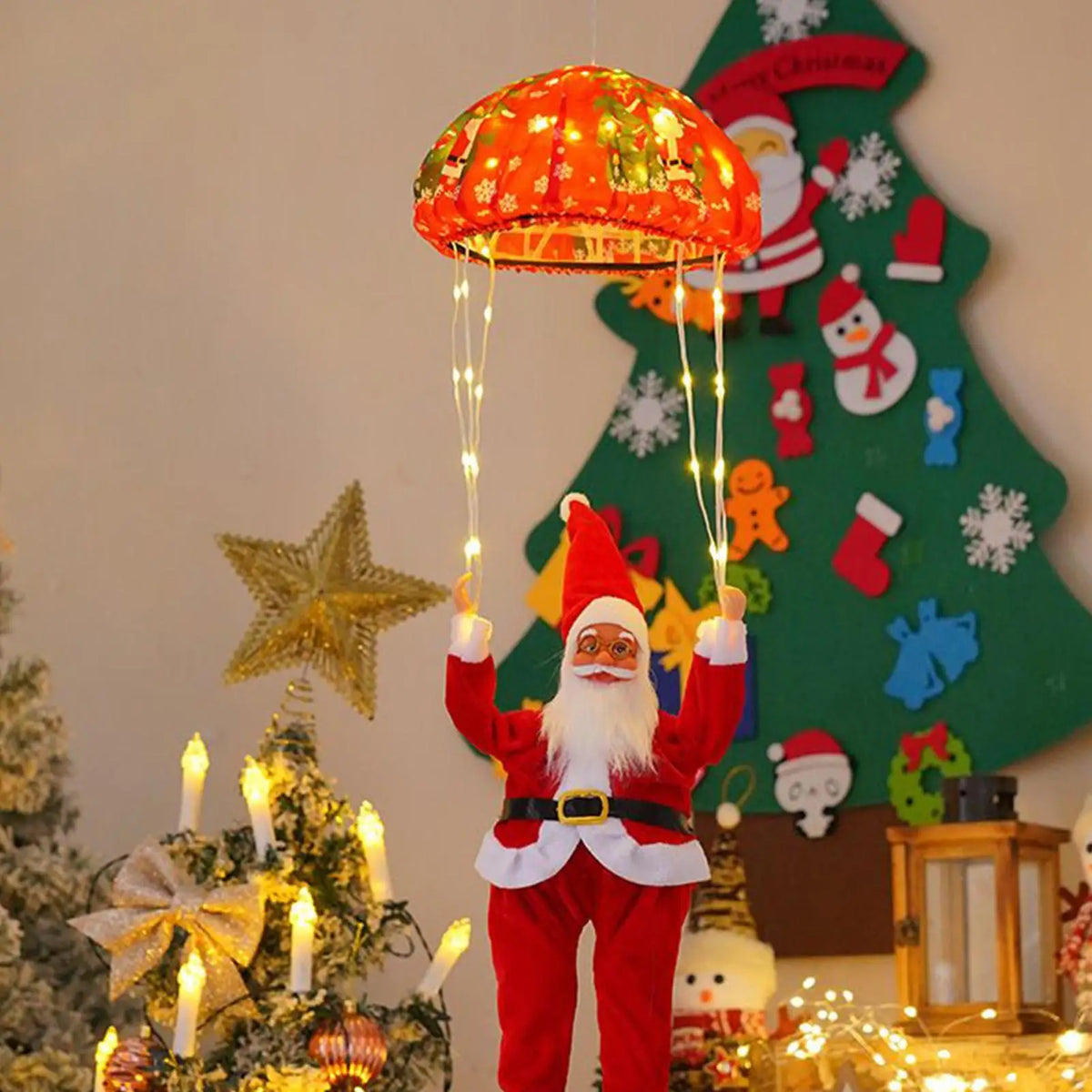 Luces solares decorativas de Papá Noel en paracaídas, luces navideñas solares para exteriores con 8 modos LED, lámpara solar colgante impermeable