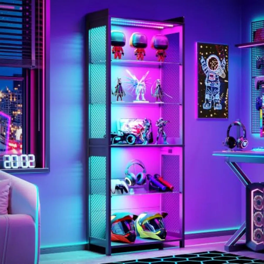 Vitrina vertical negra de 5 niveles con estantes de vidrio y luces LED RGB