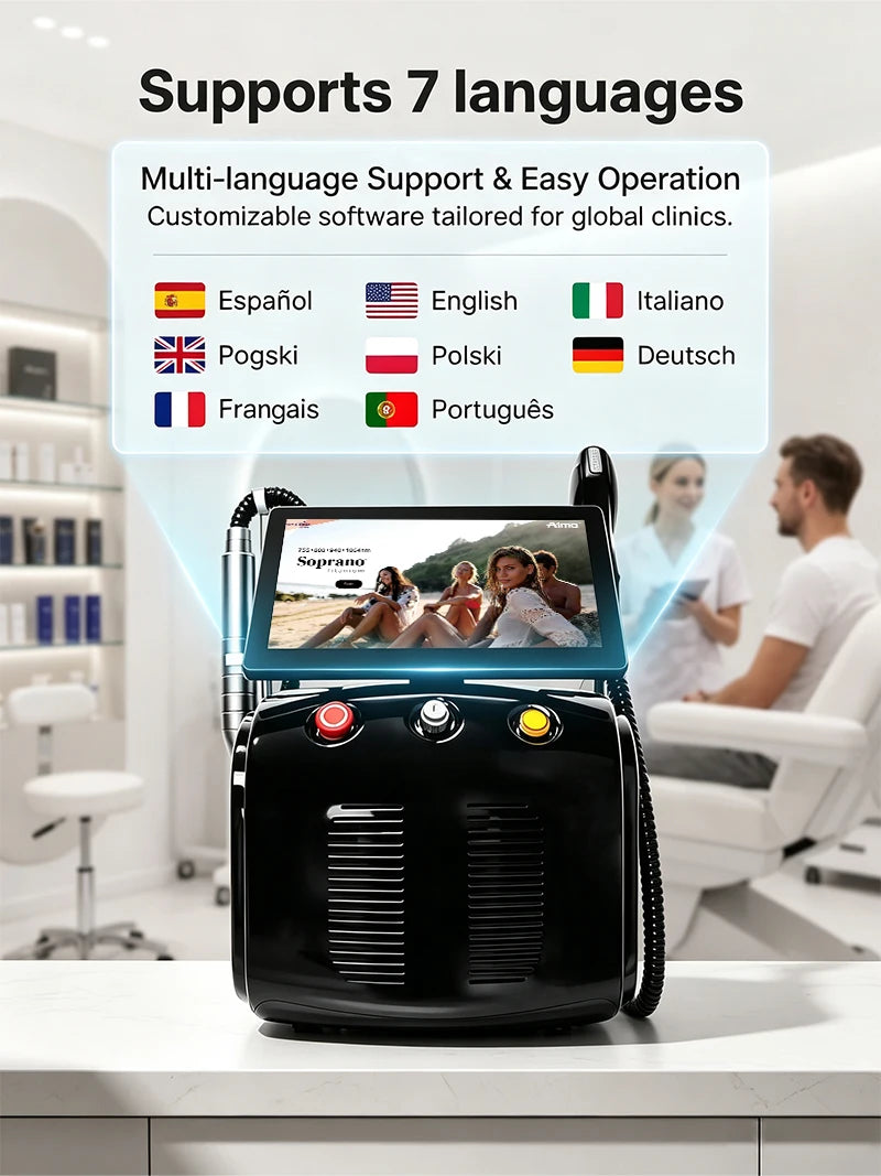 Máquina láser portátil 2 en 1 Soprano Titanium, con tecnología FAC para mejorar la energía, sistema de enfriamiento por hielo y diodo para la depilación, y equipo para la eliminación de tatuajes con tecnología de pico
