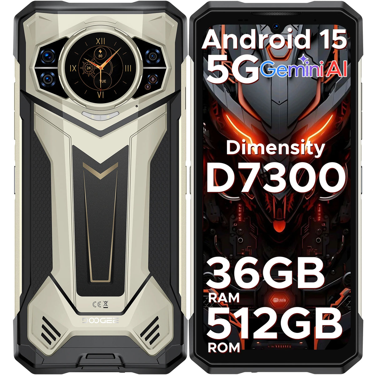 Teléfono rugerizado Doogee S200 Plus 5G con IA, 32 GB (12+20) 512 GB, procesador Dimensity 7300, móvil gaming con pantalla trasera de 1.32'' y pantalla principal